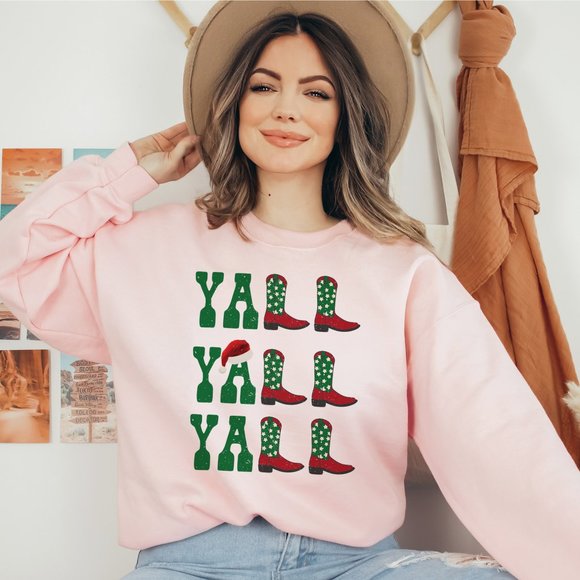 SimplyBeverly Sweaters - Christmas hat Yall Red and Green Cowboy Cowgirl Western Boots pink sweater